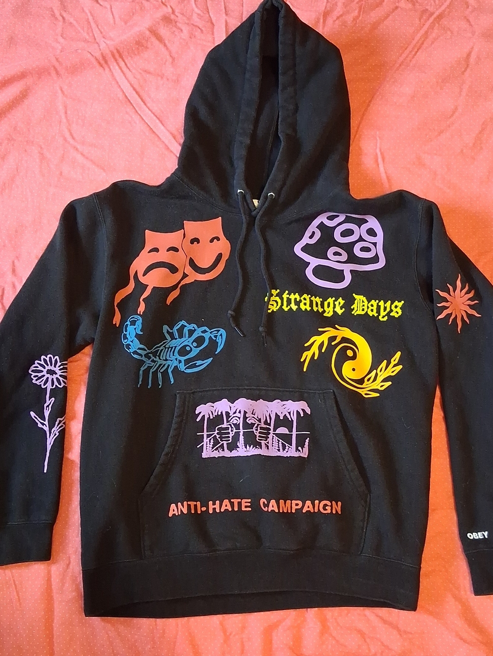 Obey Hoodie with Multicolor Graphics, Size Medium